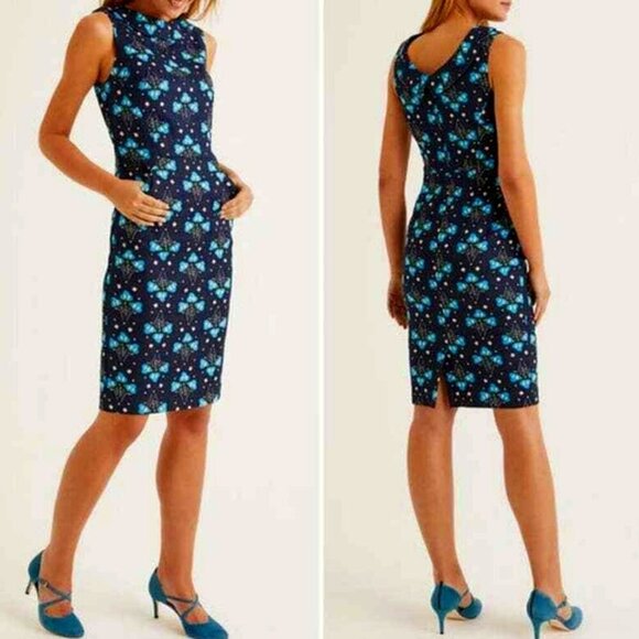 Boden Dresses & Skirts - Boden Martha Navy & Blue Floral Sleeveless Roll Collar Sheath Pencil Dress 14